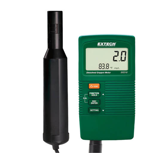 Extech DO210 Compact Dissolved Oxygen Meter front view digital display green case black probe.