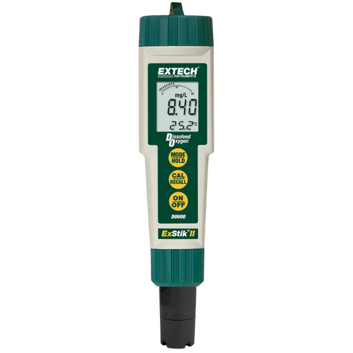 Extech DO600 Waterproof ExStik II Dissolved Oxygen Meter front view digital screen green buttons.
