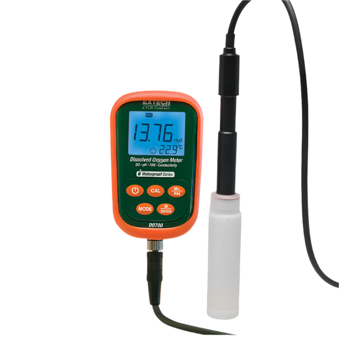 Extech DO700 Portable Dissolved Oxygen Meter Kit front view screen on probe attached.