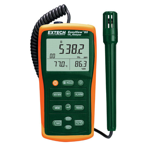 Extech EA80 EasyView front view green orange body digital display co2 reading.