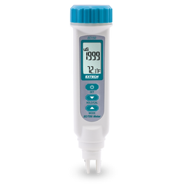 Extech EC150 front view digital display ppm temperature reading blue cap.