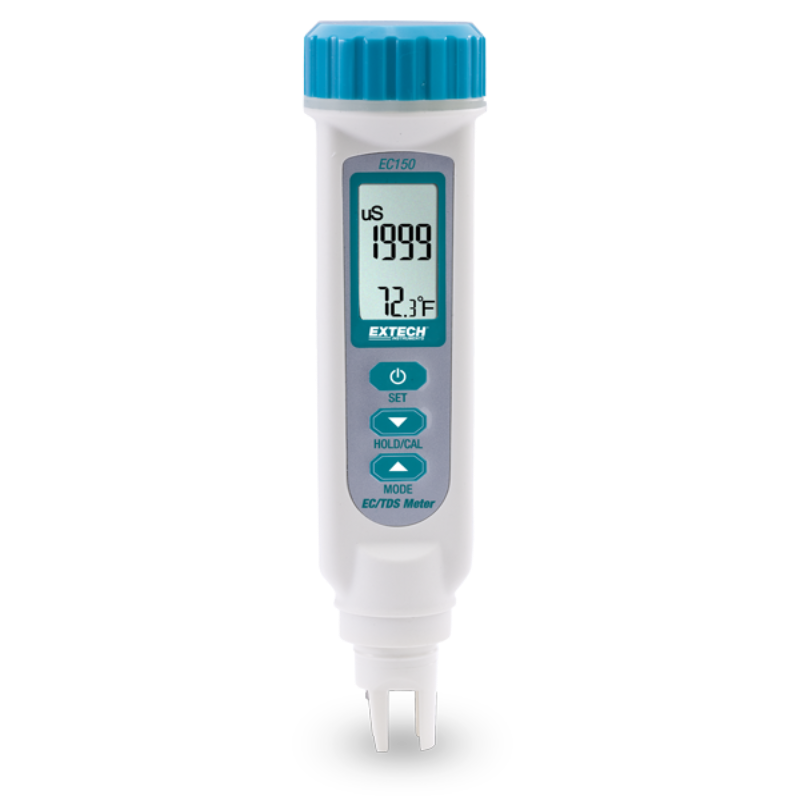 Extech EC150 front view digital display ppm temperature reading blue cap.