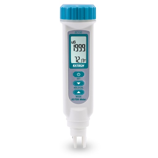 Extech EC150 front view digital display ppm temperature reading blue cap.