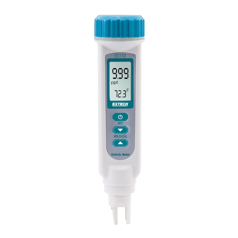 Extech EC150 front view digital display ppm temperature reading blue cap.