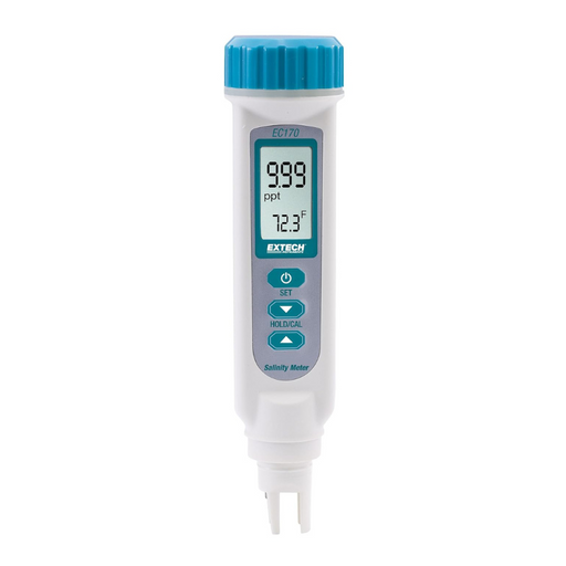 Extech EC150 front view digital display ppm temperature reading blue cap.