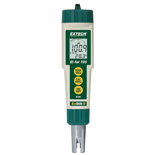 Extech EC400 front view digital display yellow buttons green cap.