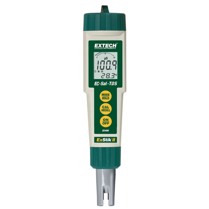 Extech EC400 front view digital display yellow buttons green cap.