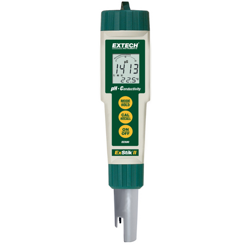 Extech EC500 Exstick II front view digital display yellow buttons.