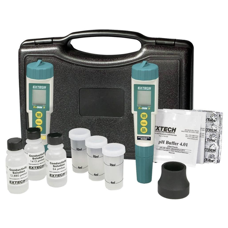 Extech EC510 Exstick II ph conductivity temperature meter kit front view complete kit with case and solutions.