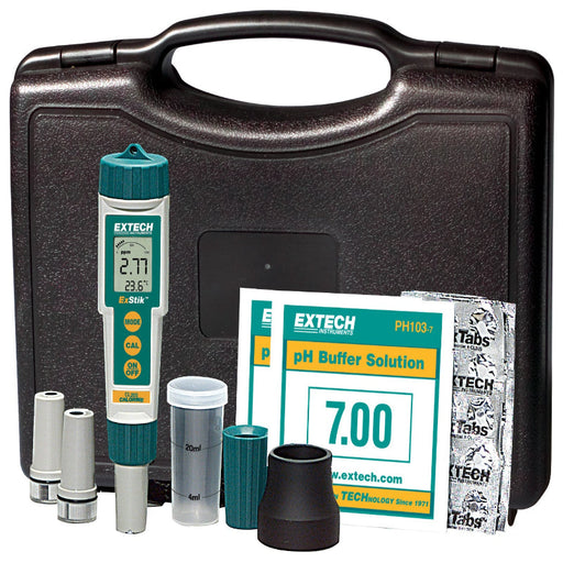 Extech Ex 900 ExStik kit front view black case with ph meter buffer solutions and accessories.