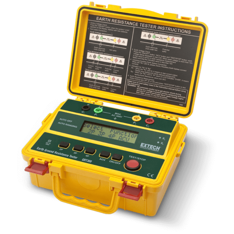 Extech GRT300 open case front view yellow housing black instruction panel.