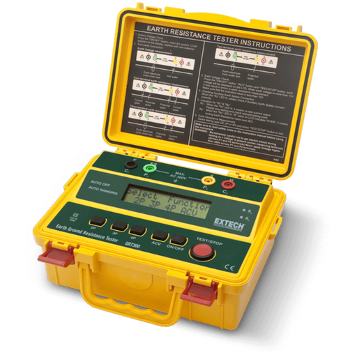 Extech GRT300 open case front view yellow housing black instruction panel.