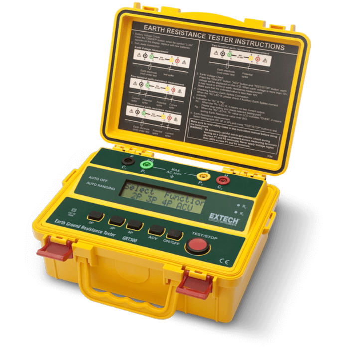 Extech GRT300 open case front view yellow housing black instruction panel.