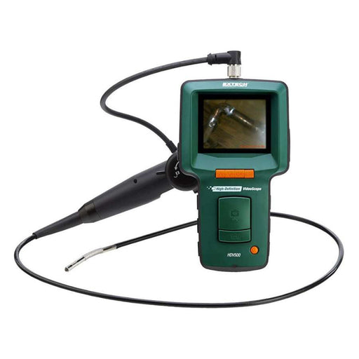 Extech HDV540 handheld view green body flexible cable screen on.
