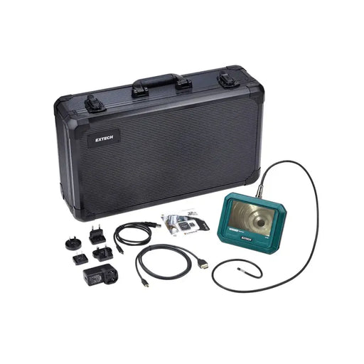 Extech HDV710 Videoscope Kit top view black carrying case green monitor multiple cables.