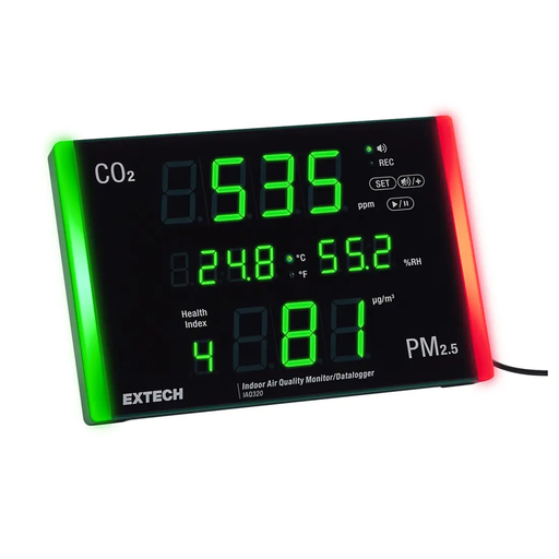 Extech IAQ320 angled view illuminated display showing co2 temp humidity health index.