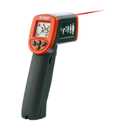 Extech IR267 Mini InfraRed Thermometer angled view digital display red laser pointer.