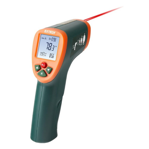 Extech IR270 IR Thermometer angled view display on red laser pointer.