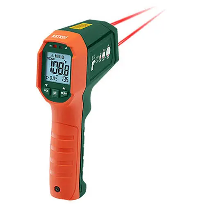 Extech IR320 NIST angled view red and green dual laser thermometer display on