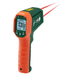 Extech IR320 NIST angled view red and green dual laser thermometer display on