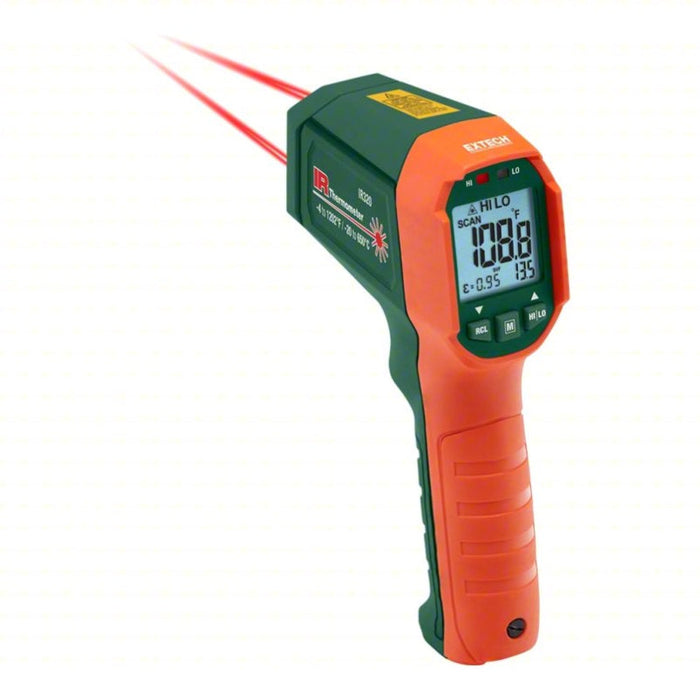 Extech IR320 angled view lcd screen on dual laser pointers.