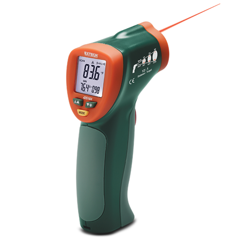 Extech IR400 Mini Infrared Thermometer angled view digital display black and orange laser pointer.