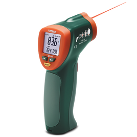 Extech IR400 Mini Infrared Thermometer angled view digital display black and orange laser pointer.