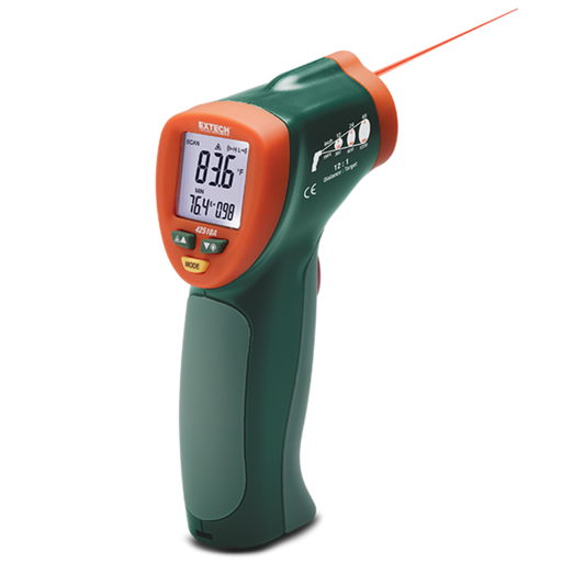 Extech IR400 Mini Infrared Thermometer angled view digital display black and orange laser pointer.