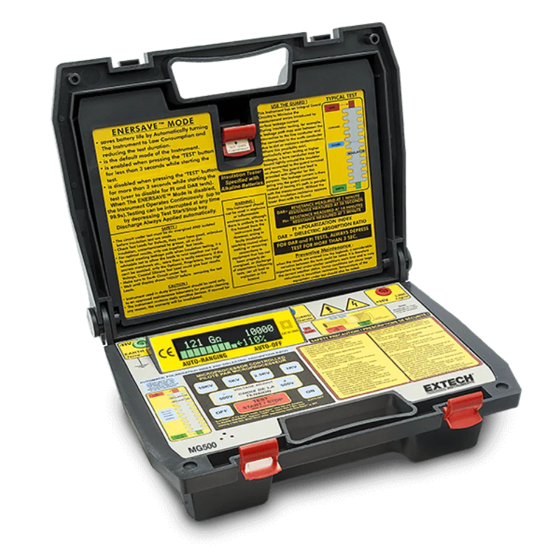 Extech MG500 open case yellow labels digital controls.