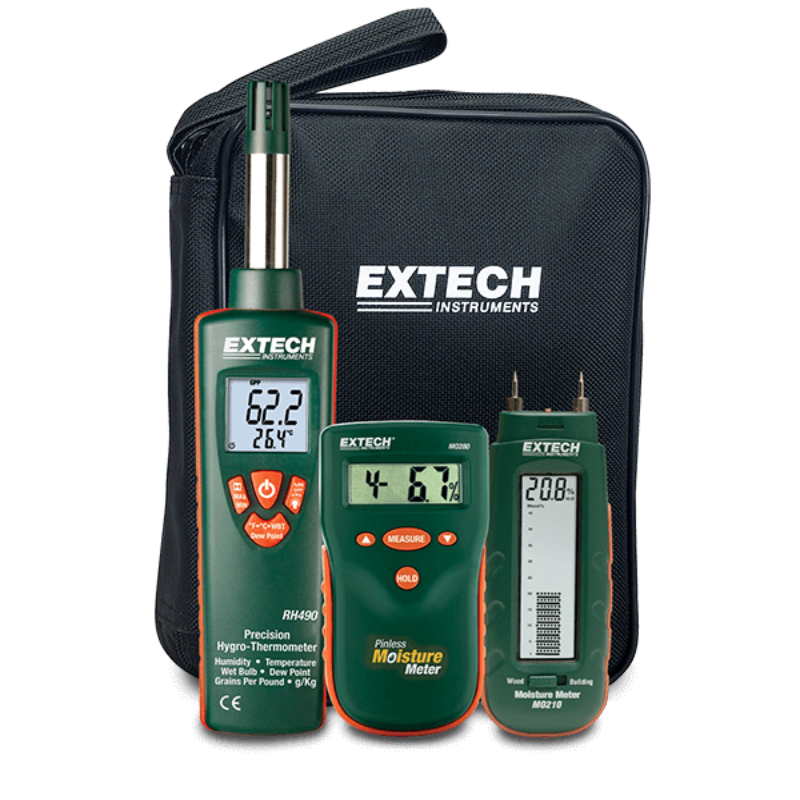 Extech MO280 KW Water Damage Restoration Kit front view kit with three green meters and black case.