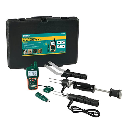 Extech MO290 RK complete kit top view black case moisture meter and probes.