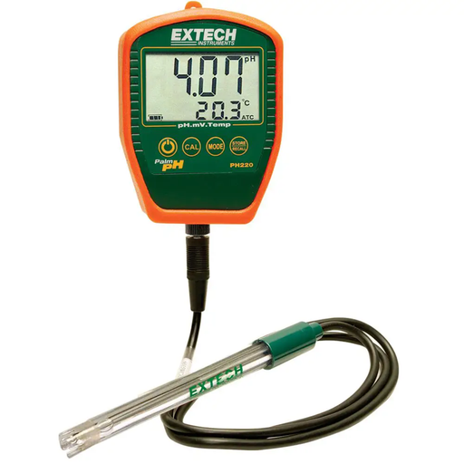 Extech PH220 C front view digital display orange case temperature reading.