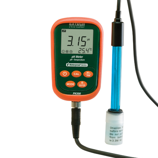 Extech PH300 digital front view orange and green body with blue probe.