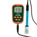 Extech PH300 digital front view orange and green body with blue probe.