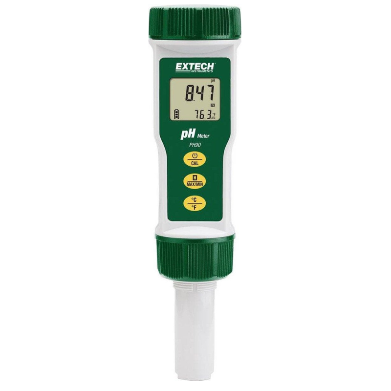 Extech PH90 Waterproof ph meter front view green white body yellow buttons digital display.