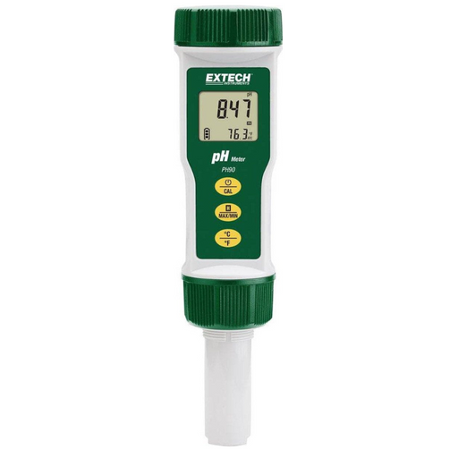 Extech PH90 Waterproof ph meter front view green white body yellow buttons digital display.