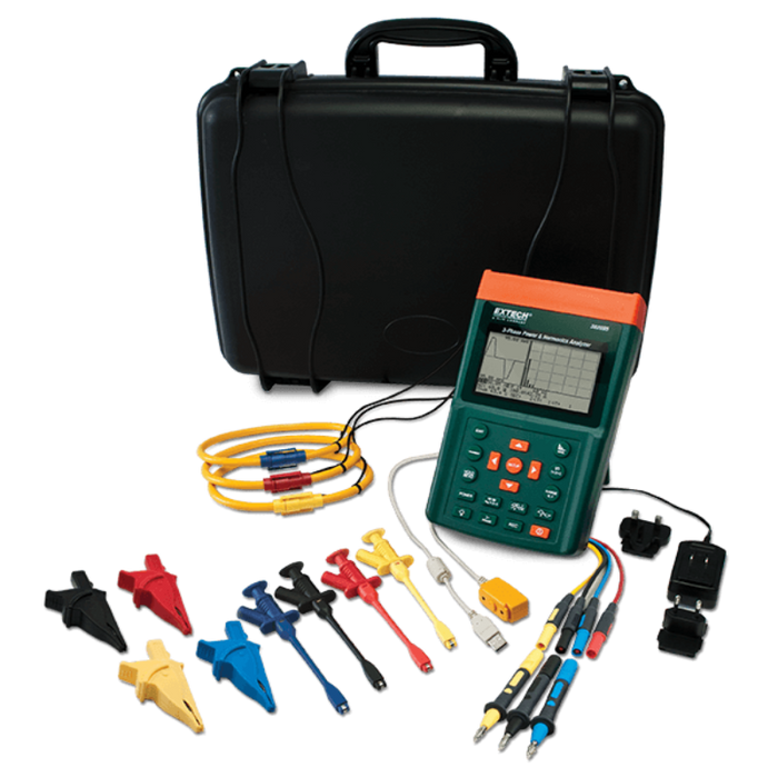 Extech PQ3350 1 3 Phase Power Harmonic Analyzer complete kit with clamps cables case