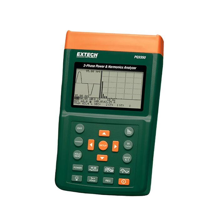 Extech PQ3350 3 Phase Power Harmonics Analyzer front view screen display green orange case