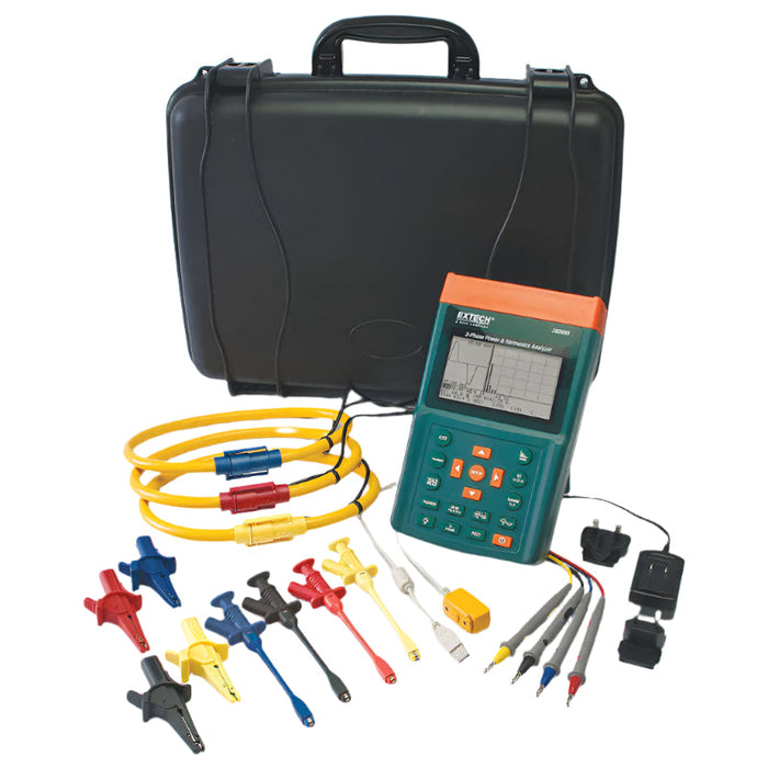 Extech PQ3350 3 complete kit front view multicolored cables display screen carrying case.