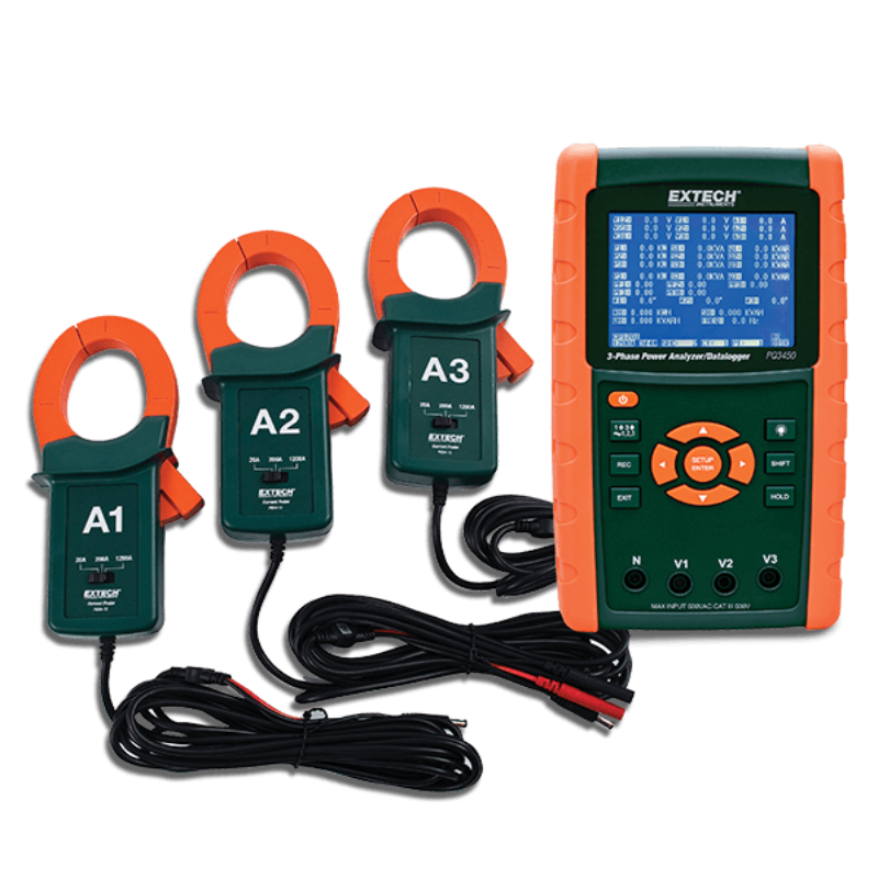 Extech PQ3450 12 NIST front view kit with 3 current probes blue screen orange case.