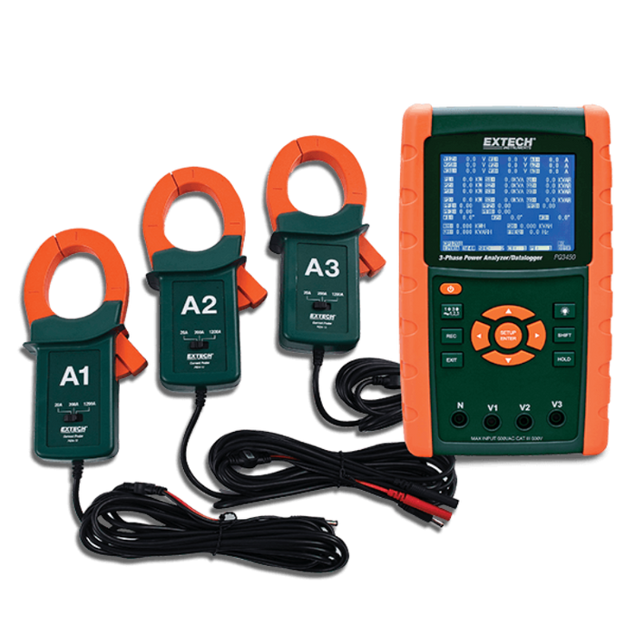 Extech PQ3450 12 NIST front view kit with 3 current probes blue screen orange case.