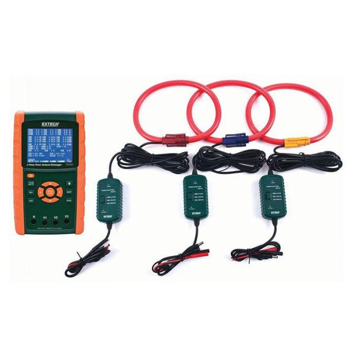 Extech PQ3450 30 NIST front view with clamp probes and color coded connectors 1.