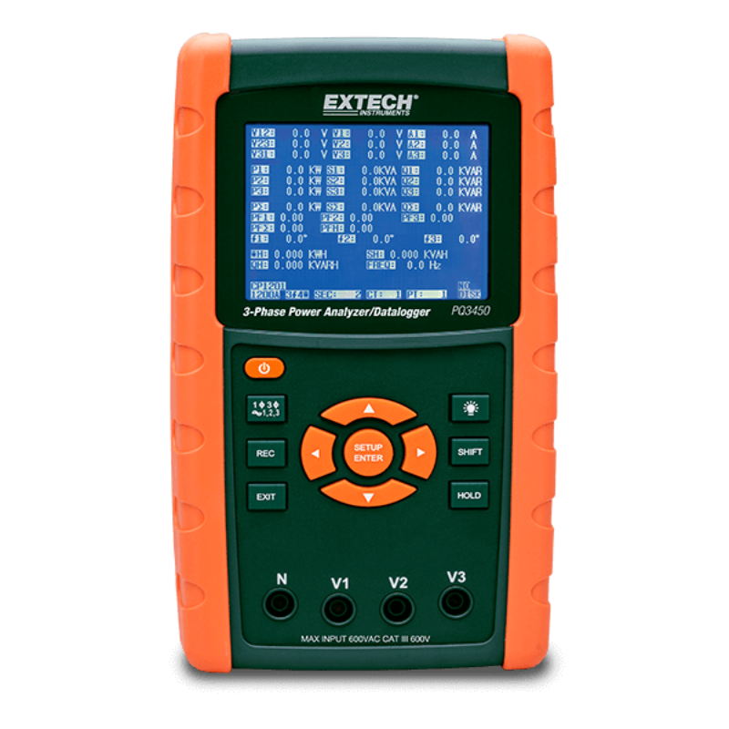Extech PQ3450 front view orange sides blue screen black buttons 1.