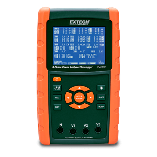 Extech PQ3450 front view orange sides blue screen black buttons 1.