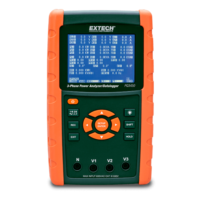 Extech PQ3450 front view orange sides blue screen black buttons 1.