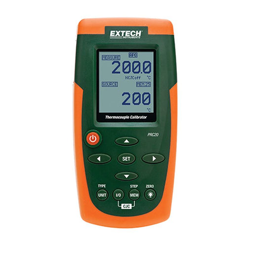 Extech PRC20 Thermocouple Calibrator Meter front view orange green case digital screen.