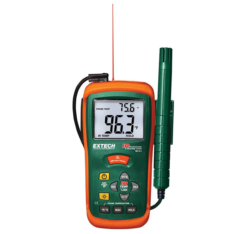 Extech RH101 front view digital display infrared sensor orange green case.