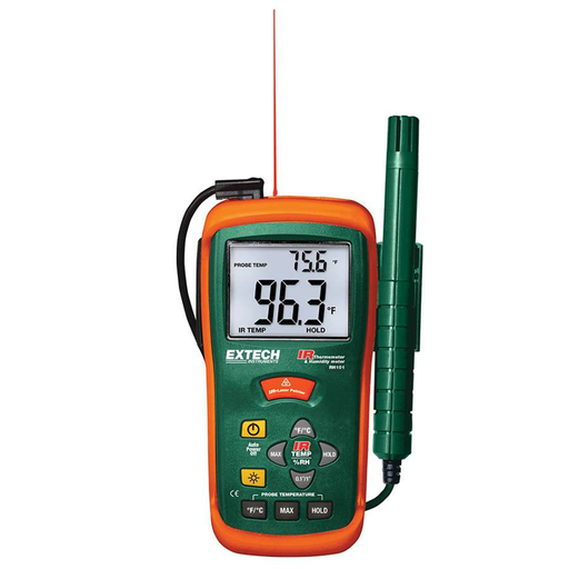 Extech RH101 front view digital display infrared sensor orange green case.