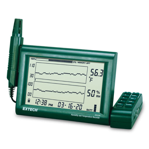 Extech RH520B NIST front view green body lcd display detachable probe.