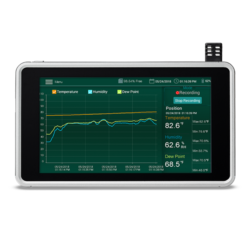 Extech RH550 Humidity Temperature Chart Recorder front view touchscreen with temperature humidity graph.